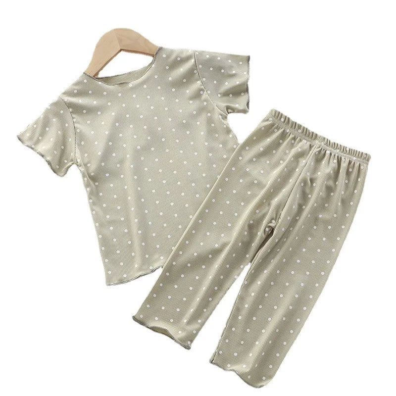 Korean version of summer girls short-sleeved suit comfortable air conditioning suit baby girl ice silk polka dot home clothes