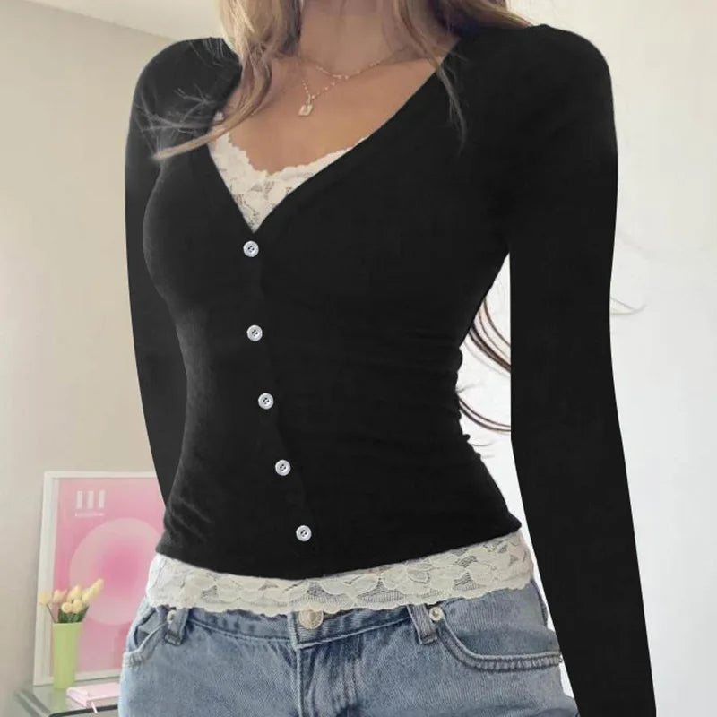 French Pure Color Lace Splice Slim Fit Long Sleeve Short T-Shirt Sexy Fake Two-Piece Top for Women