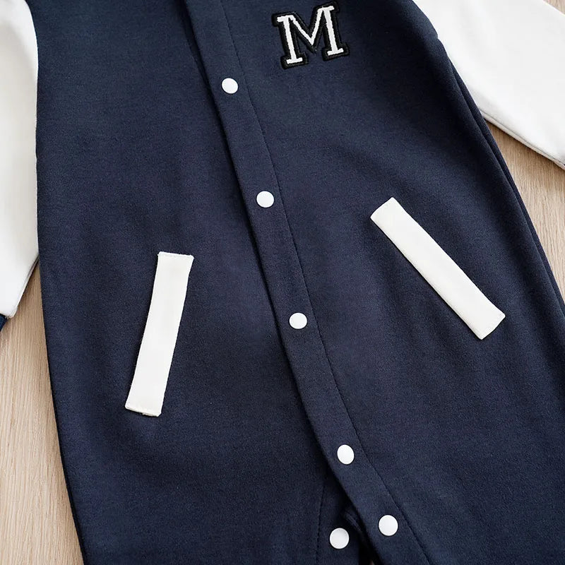 BabyBoys AndGirls Newborn Casual Solid Color Contrasting Children's Baseball Suit Cotton Spring And Autumn Long Sleeved Jumpsuit