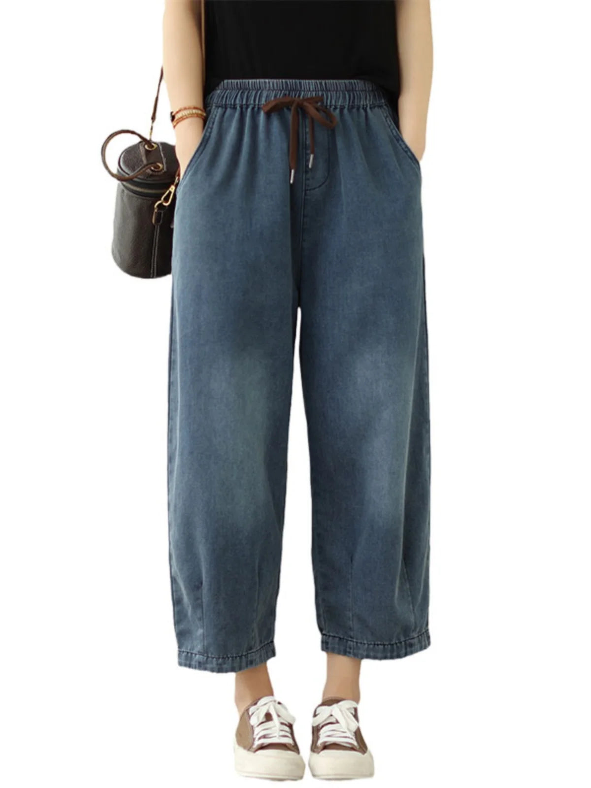High Waist Straight Leg Jeans Women's Loose Casual Nine-Tenths Harlan Pants Elastic Waist Vintage Style Summer Thin Jeans