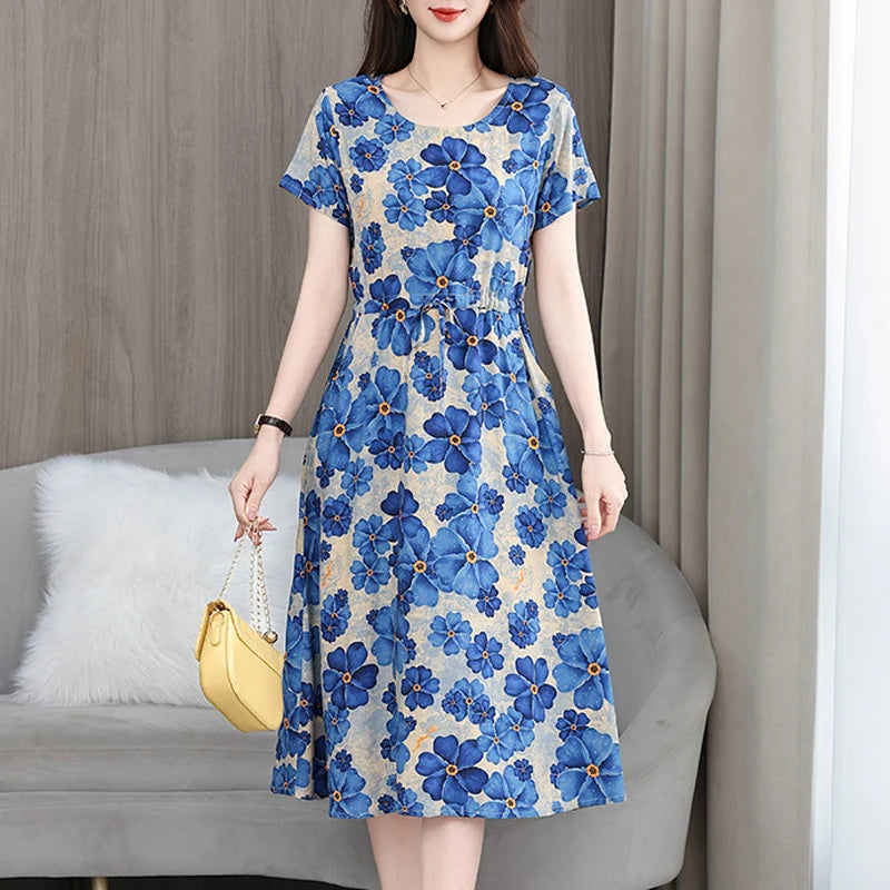 New Fashion 2025 Print Summer Dresses For Women Short Sleeve O-Neck Elegant Summer Dress Woman Clothing