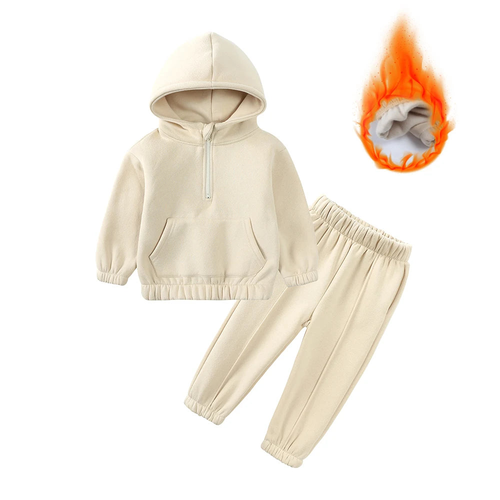 2026 Winter Children Fleece Outfits Toddler Warm Thicken Cotton Soild Hoodies+Pants Tracksuit Kids Boy Girl Sweatsuits Sets