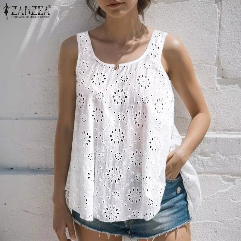 ZANZEA Women Summer Hollow Out Embroidery Tanks 2024 Fashion Vacation Casual Solid Color Tunic Tops Loose Sleeveless Blouses