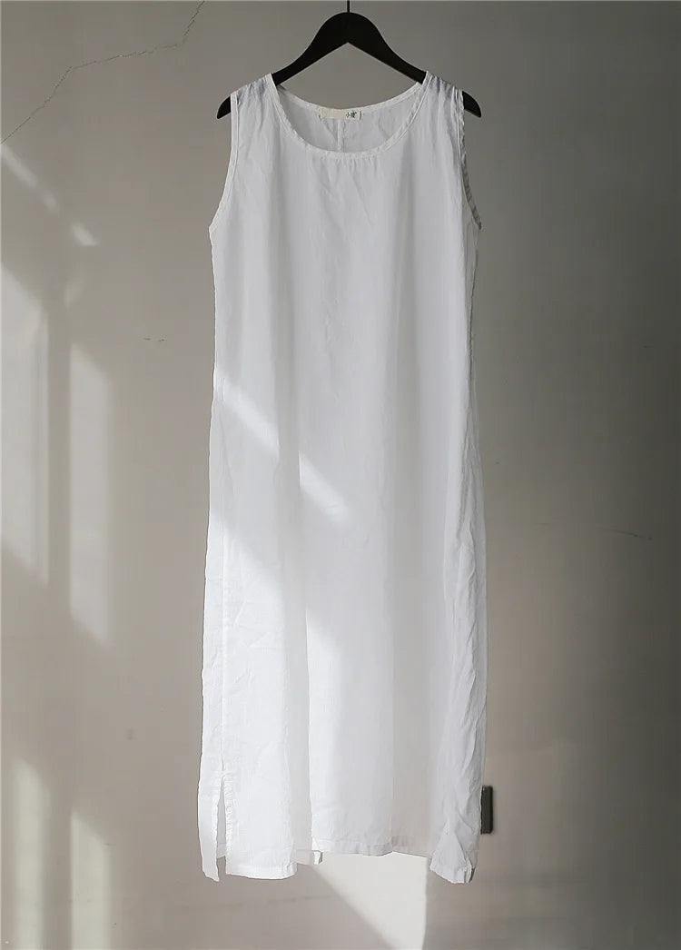 Johnature 2025 Summer 5 Colors Vintage Loose Dress Women Sleeveless Solid Color O-neck Thin Simple Render Comfortable Dress New