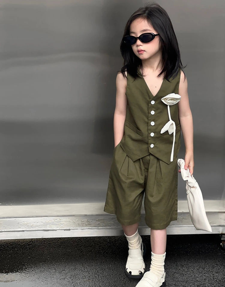 Kids White Vest Set Boys Girls Floral Decor V-Neck Waistcoat Shorts Pants Toddler Summer Formal Party Gentleman Casual Outfit