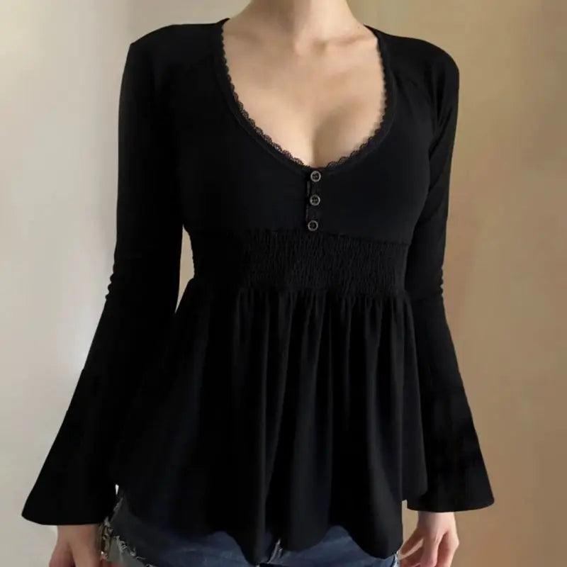 Japanese Y2K Fashion Top Long Sleeve Lace Trim Square Neck Blouse Women Casual American Retro 2000s Chic Tee Summer Streetwear