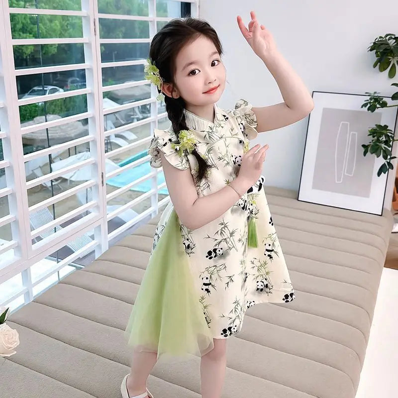 2026 Chinese summer panda girls Clothes retro teens lace hanfu qipao mesh Child Princess flower Dress 5 6 7 8 9 10 12 new year