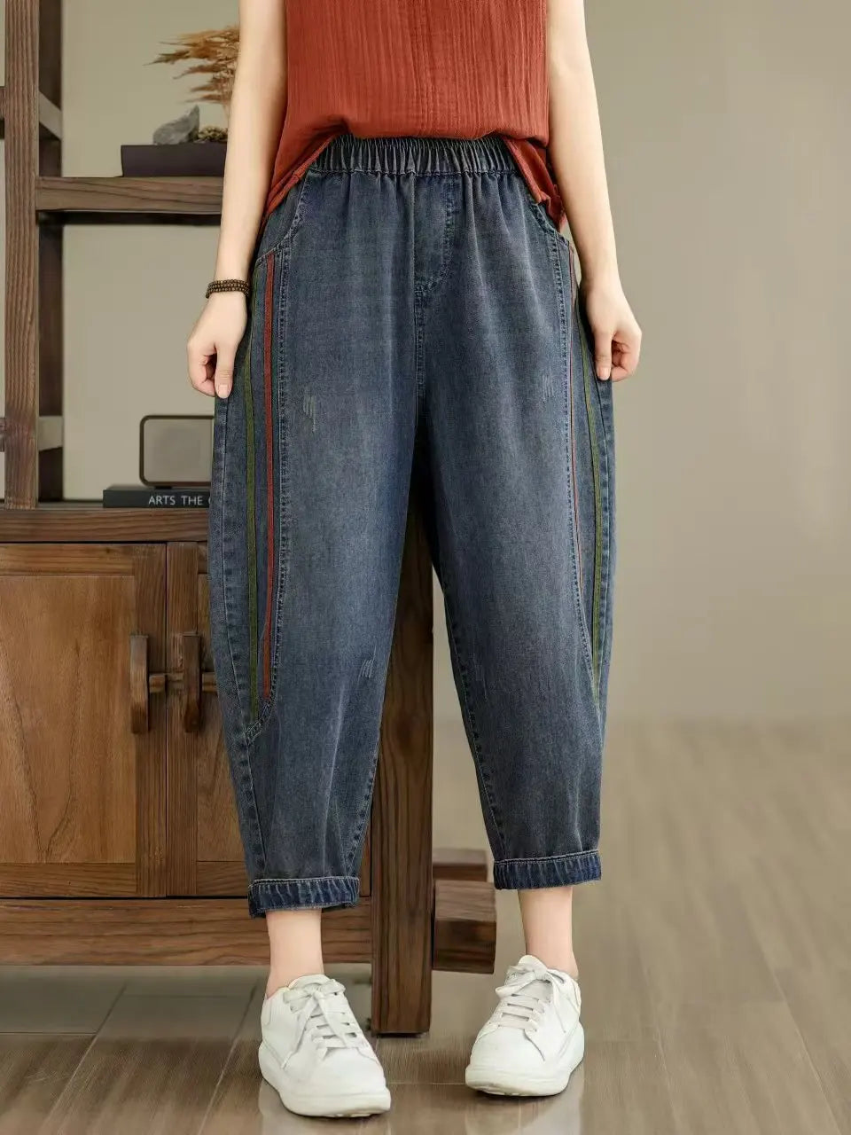 Retro Full Cotton Washed Denim Pants Women's New 2026 Spring Summer Patchwork Loose Harem Pants High Waist Nine Points
