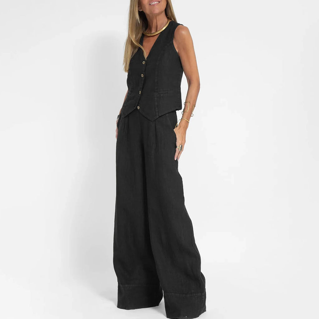 Y2K Boho Linen Blend Two Piece Outfit Sleeveless V Neck Pocket Vest + Elastic Waist Wide Leg Trousers Summer Streetwear