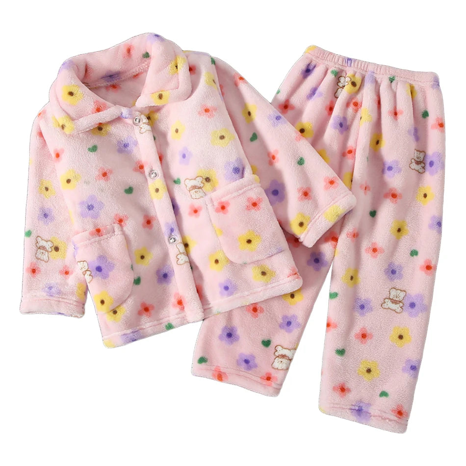 Winter Kids Pajama Set Coral Fleece Sleepwear with Cute Cartoon Clothing Ultra Warm Comfortable Long Sleeve Pajamas for Boy Girl