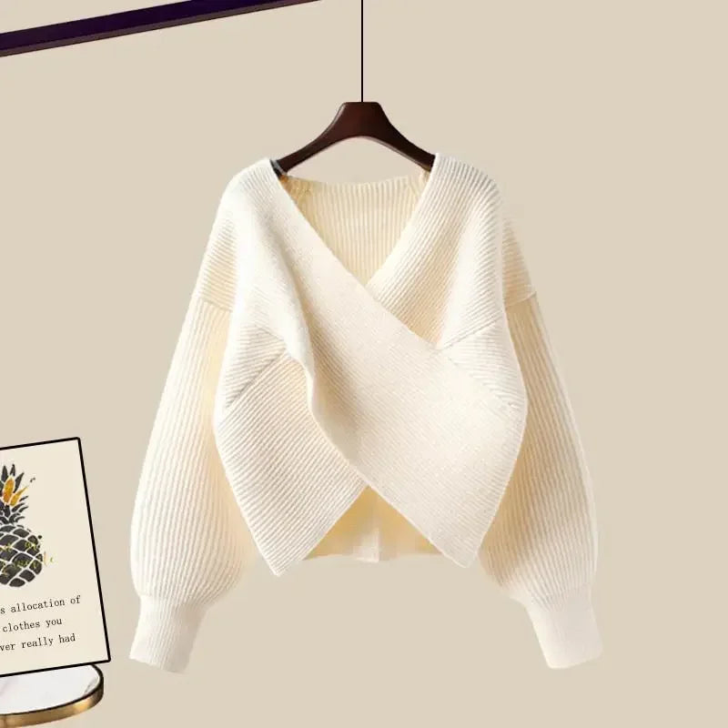 Solid V-neck Sweater Dress Women Autumn Suit Women Korean New Fashion Red Sweater Mid-length Knitted Skirt Two-piece Set