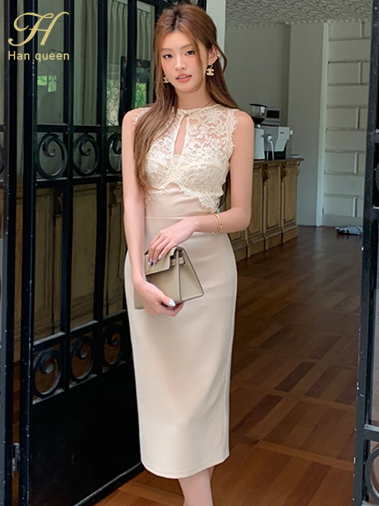 Fashion Sexy O Collar Sleeveless Vintage Club Party Dresses Halter Strapless Summer OL Lace Bodycon Pencil Dress