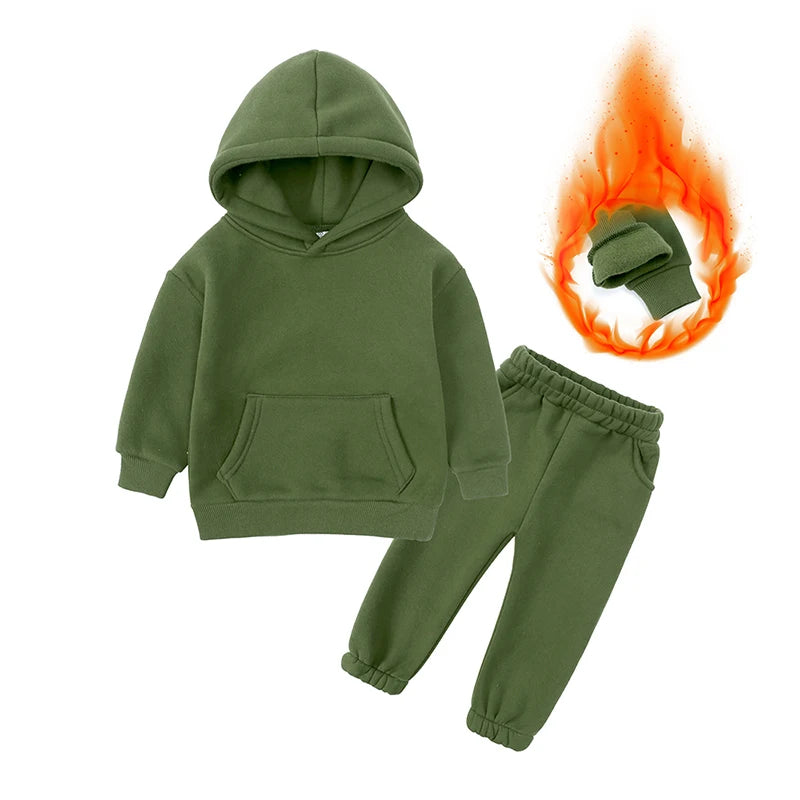 2026 Winter Children Fleece Outfits Toddler Warm Thicken Cotton Soild Hoodies+Pants Tracksuit Kids Boy Girl Sweatsuits Sets