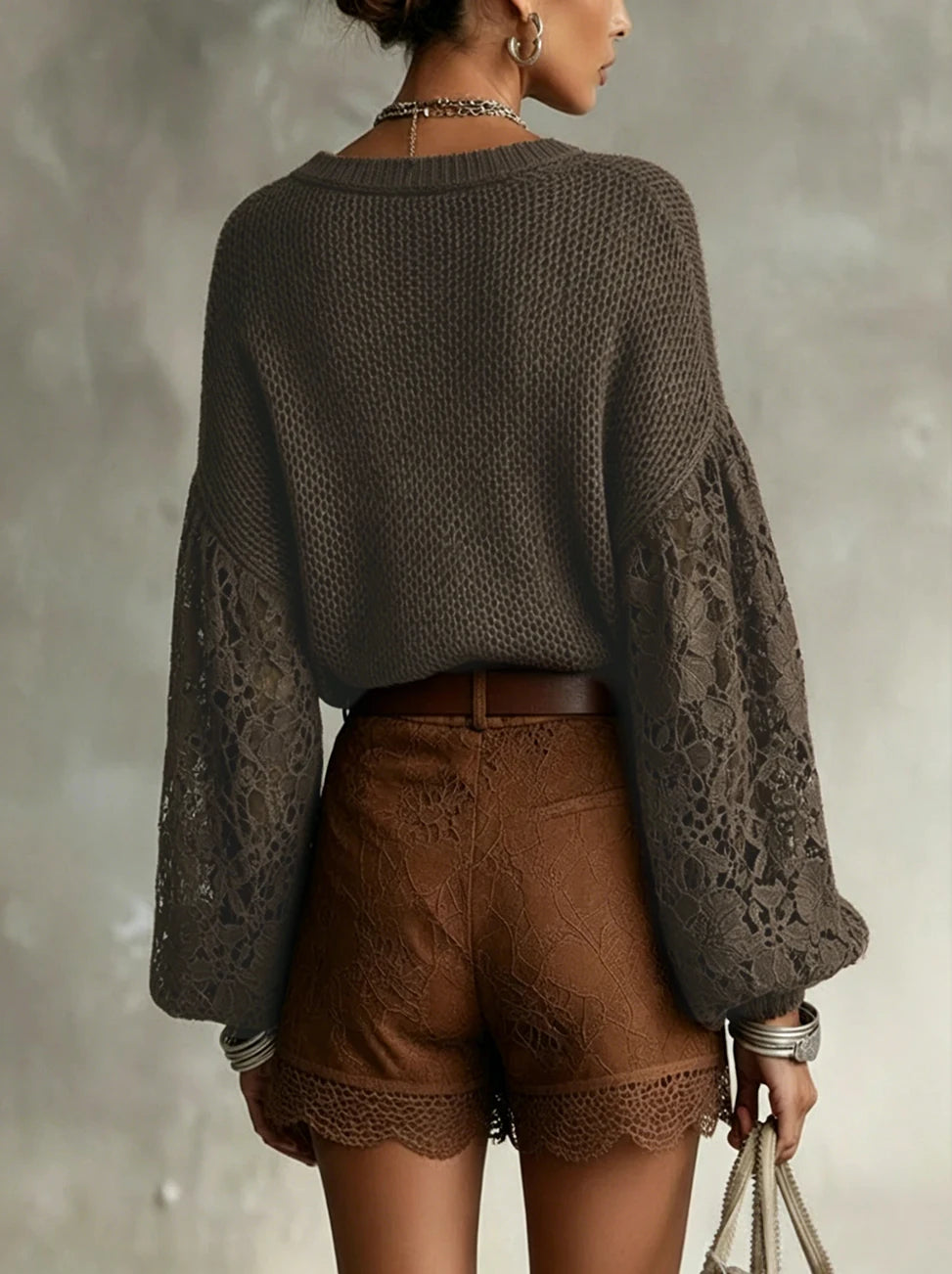 2026 New Arrival: Popular European and American Women's Fashion – Lace Openwork Bell-Sleeve V-Neck Knit Pullover