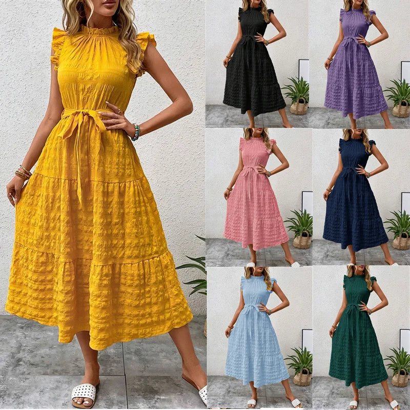 Fashion Women's Vintage Solid Ruffles Flying Sleeves Fresh And Sweet Midi Dress Summer Casual Lace Up Texture Womens Long Dress