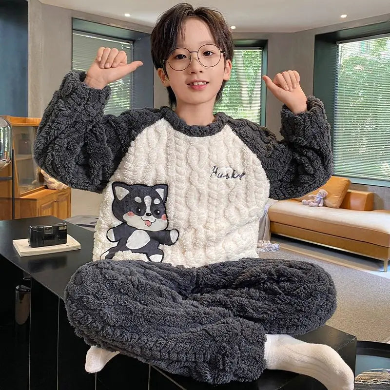 Flannel Pajamas For Boy Flannel Warm Pyjamas Kids Thicken Cartoon Teens Sleepwear Cute Big Boys Girls Night Clothes 10 12 14 16Y