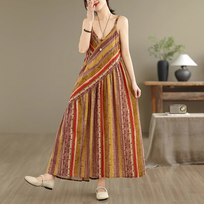 Soft Skin-Friendly Thin Cotton Linen Print V-Neck Waist-Cinched Strap Dress Large Size Summer Long Skirt Women's Dress