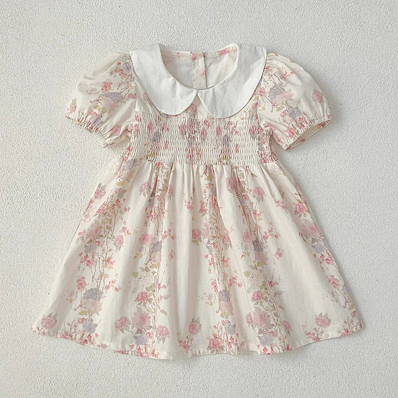 Baby Girl Dress Summer New Doll Collar Pink Print  Puff Short Sleeve Fashion Princess Dress Toddler Cotton Casual Party Clothes