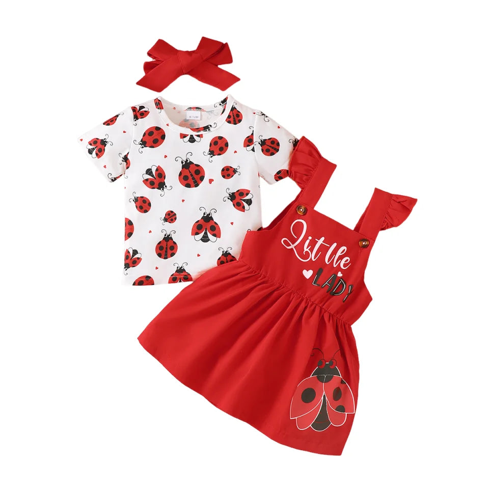 Baby Girl Ladybug Printed Outfit Set 3PCS Short Sleeve T-Shirt + Suspender Skirt+Headband for0-3Y Newborn Summer Casual Clothes