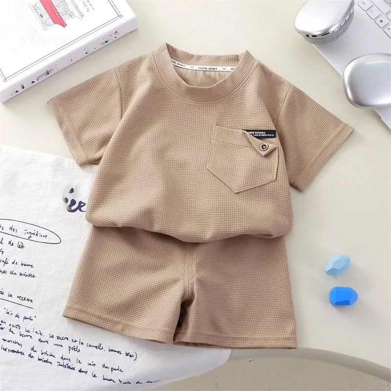 Children Clothing Summer Waffle Short Sleeved Outfits Fashion Boys Girls Casual Sports Shirt Suits Thin Solid Kids Top+pants Set