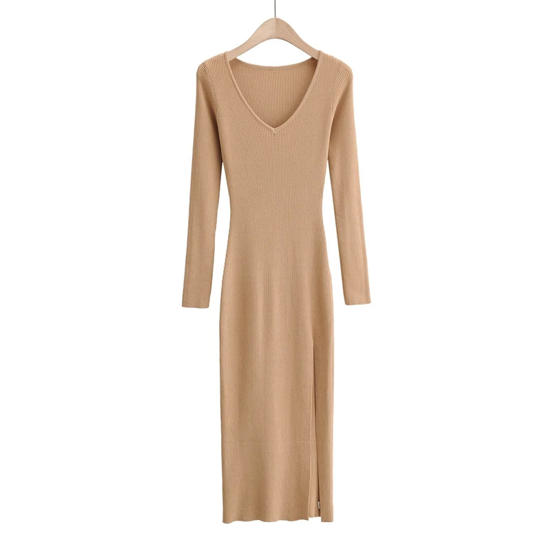 2026 New Basic Fashion Women Elastic Solid Elegant V Neck Sweater Dress Long Sleeve Ladies Side Open Midi Long Dress