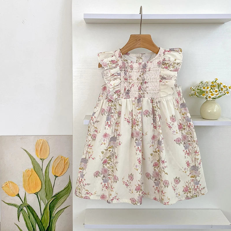 Girls Pink Floral Dress Ruffle Baby Romper Dress Summer Kids Short Sleeve Beach Dresses Toddler Bodysuit Sister Family Clothes
