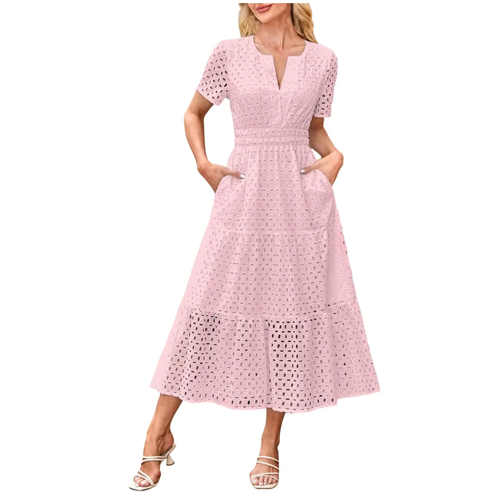 Summer New Women Short Sleeved Long Dress Trendy V-Neck Hollow Eyelets Ruffle Hem A-Line Dresses Pockets Female Vestidos
