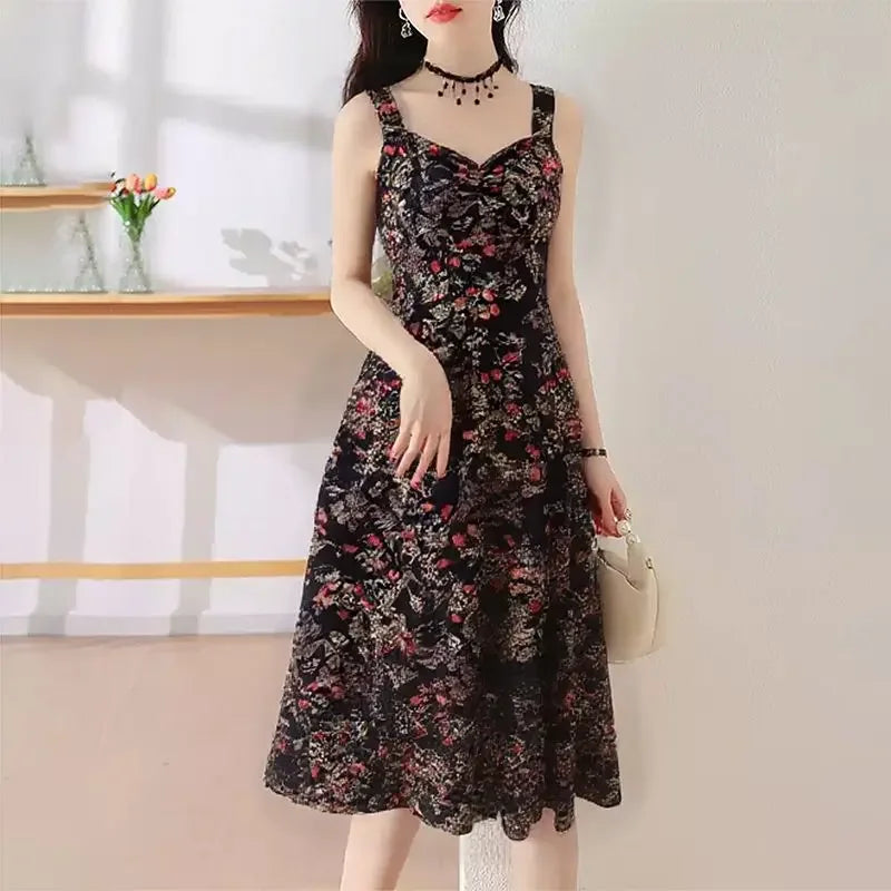 New Style Ladies Summer Simplicity Elegant Fashion Slim Trend Sexy Floral Retro A-line Skirt Fashion Camis Printing Elegant