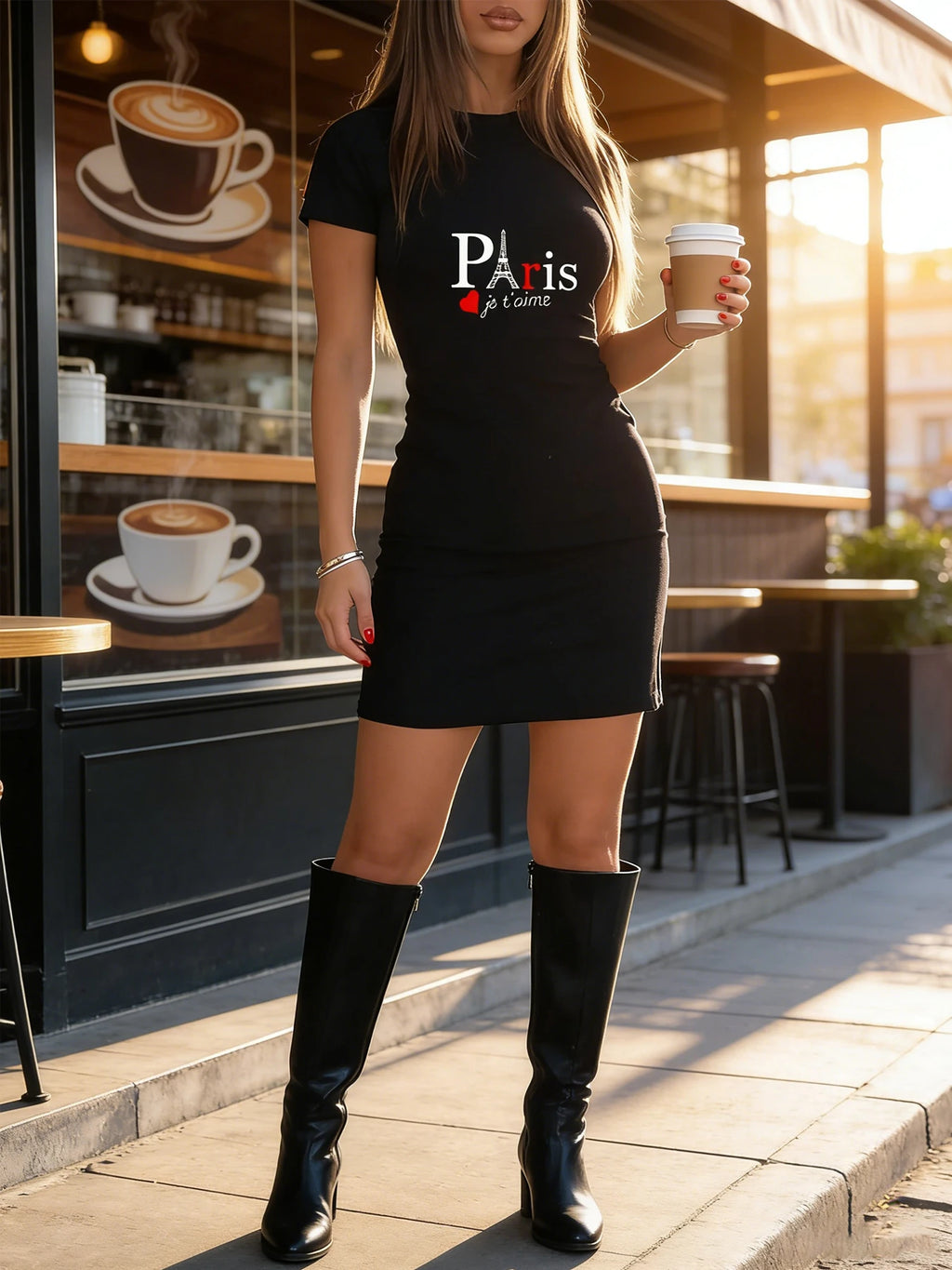Women's Fashionable Casual Dress, Spring and Summer Casual Short-Sleeved Dress, Paris Je T'Aime Printed Fitted Dress, Sailor Col
