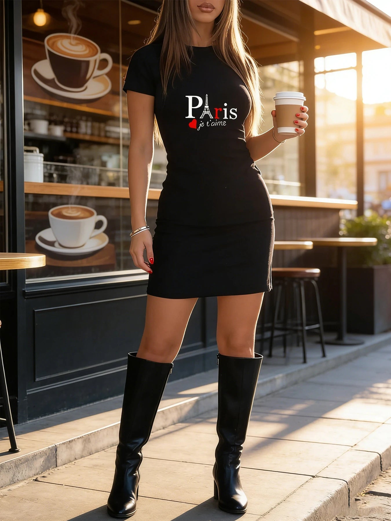 Women's Fashionable Casual Dress, Spring and Summer Casual Short-Sleeved Dress, Paris Je T'Aime Printed Fitted Dress, Sailor Col