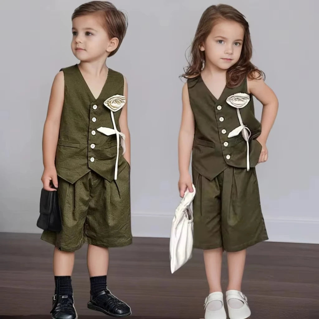 Kids White Vest Set Boys Girls Floral Decor V-Neck Waistcoat Shorts Pants Toddler Summer Formal Party Gentleman Casual Outfit