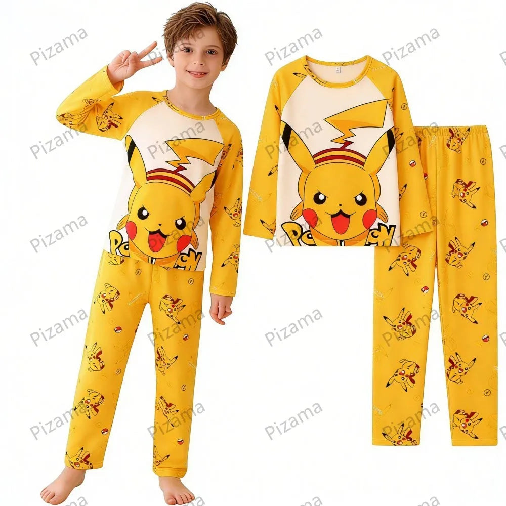 Full Sleeve Pokemon Anime Pikachu Children's Cartoon Pajamas Sets Teenager Home Clothes Kid Pyjamas Boy Sleepwear Adult Pyjamas