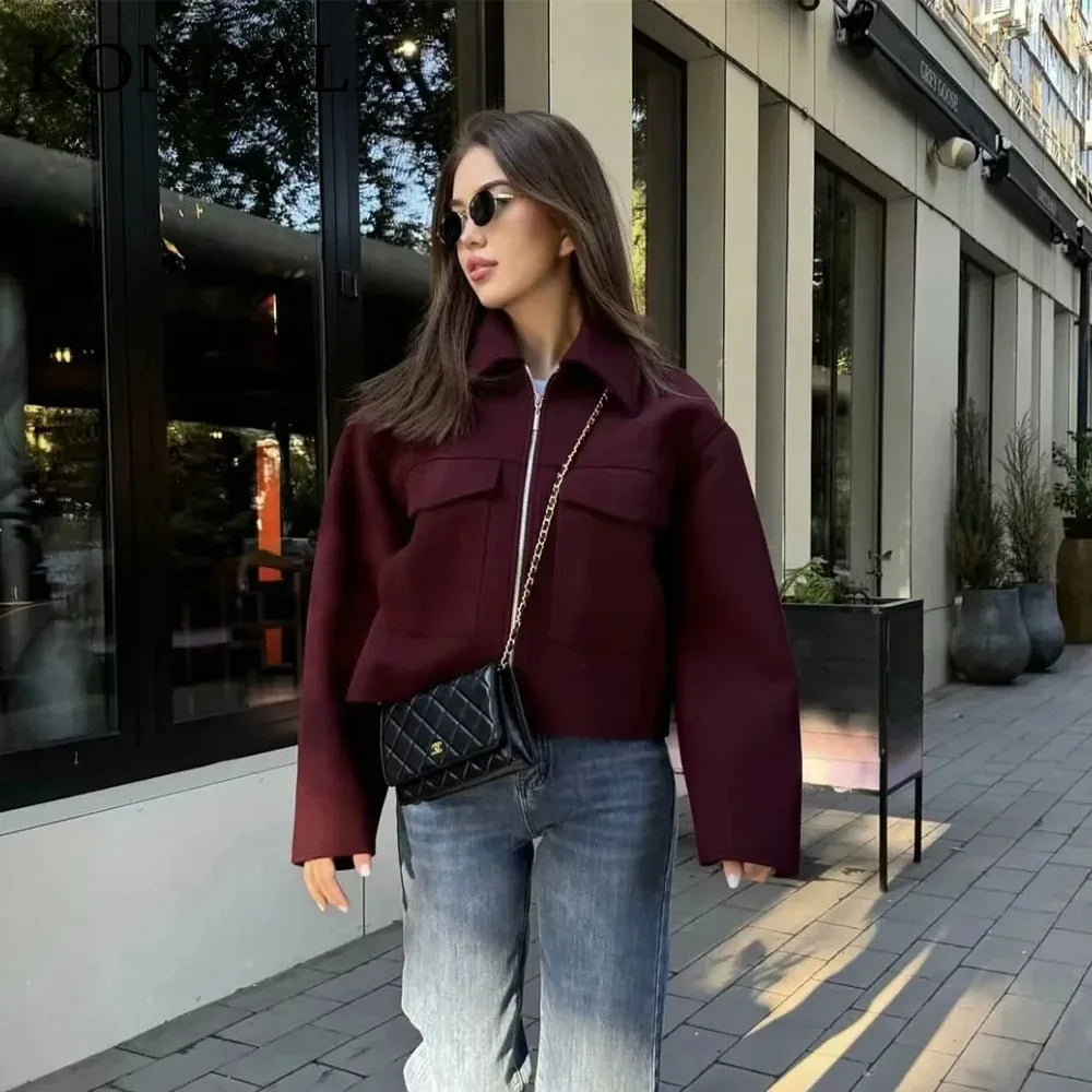 KONDALA 2026 Spring Summer Casual Women Wine Red Jackets Fashion Streetwear Zipper Pockets Turn Down Collar Chic Ladies Jackets