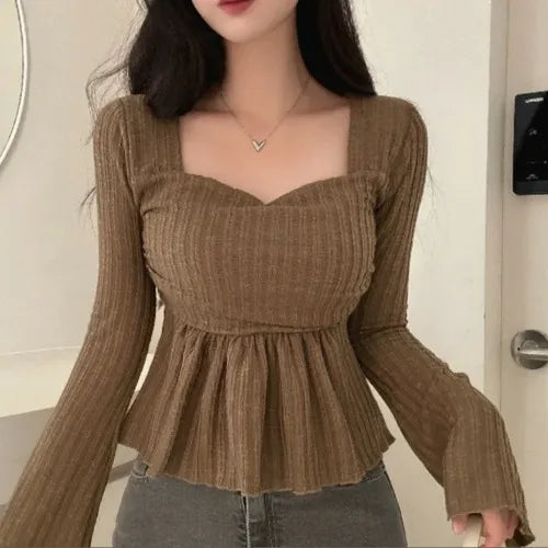 Chic Spring Knitted Top Women's Slim Fit Long Sleeve Bell Sleeve Square Collar T-Shirt Waist Cinching Flounce Hem Korean Style