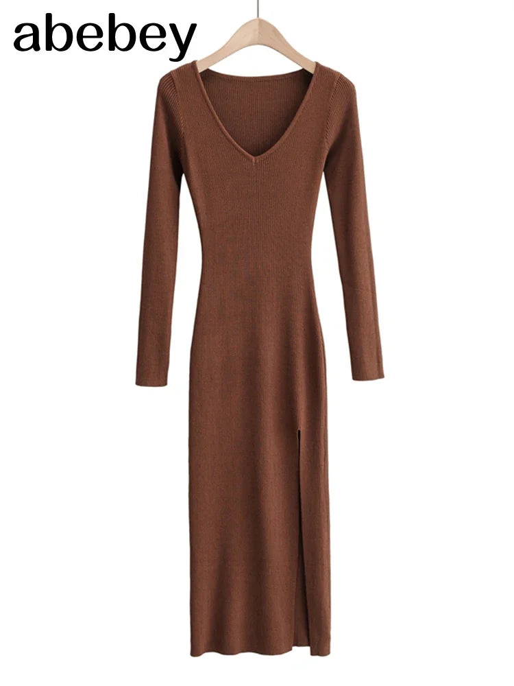 2026 New Basic Fashion Women Elastic Solid Elegant V Neck Sweater Dress Long Sleeve Ladies Side Open Midi Long Dress