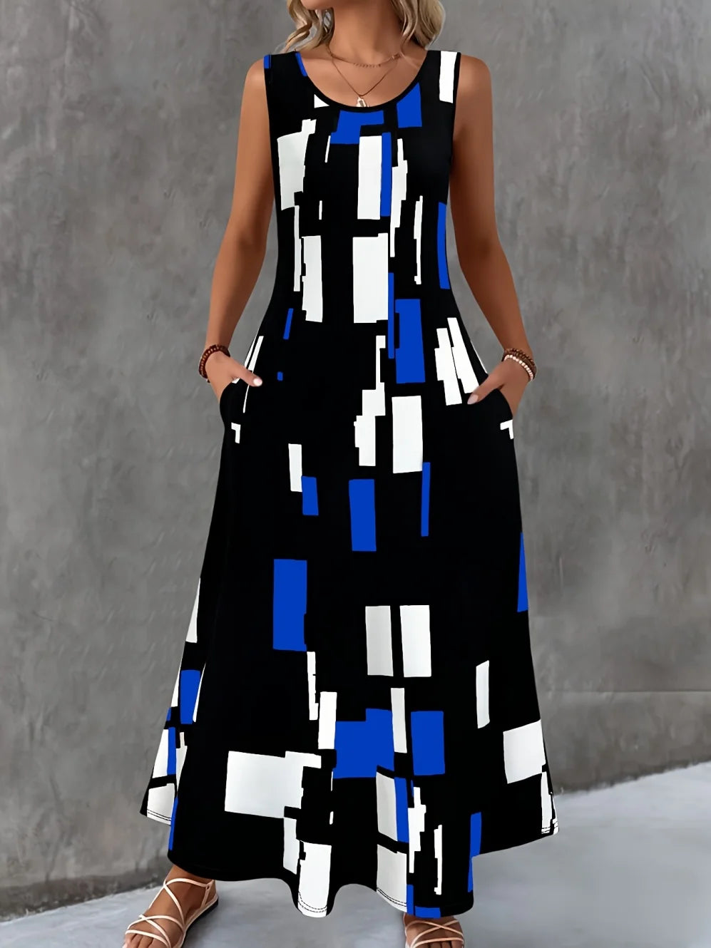 Women's Casual Dresses Summer Stylish Polka Dot Print Sleeveless Dress with Round Neck and Pockets Fashion Elegant Party Dresses
