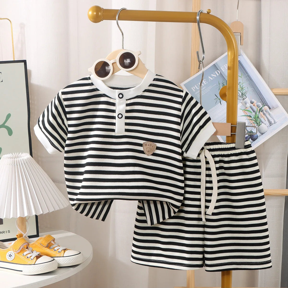 2025 New Baby Clothes Set Sleeveless Tee And Shorts 2pcs Boys Tracksuit Waffle Striped Toddler Girls Outwear