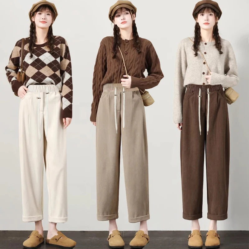 M-4XL Pregnant Women Cotton Fleece Radish Pants Autumn Ankle-length Maternity Corduroy Trousers High Waist Pregnancy Sweatpants