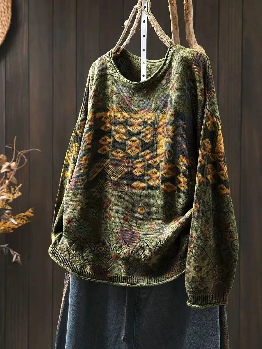 Johnature Vintage Loose Personality O-Neck Sweater 2025 Woman Winter New Long Sleeves Chinese Style Vintage Style Sweater