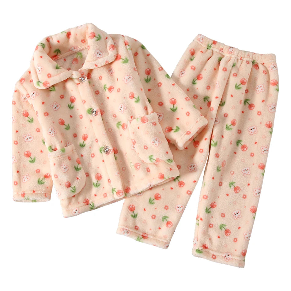 Winter Kids Pajama Set Coral Fleece Sleepwear with Cute Cartoon Clothing Ultra Warm Comfortable Long Sleeve Pajamas for Boy Girl