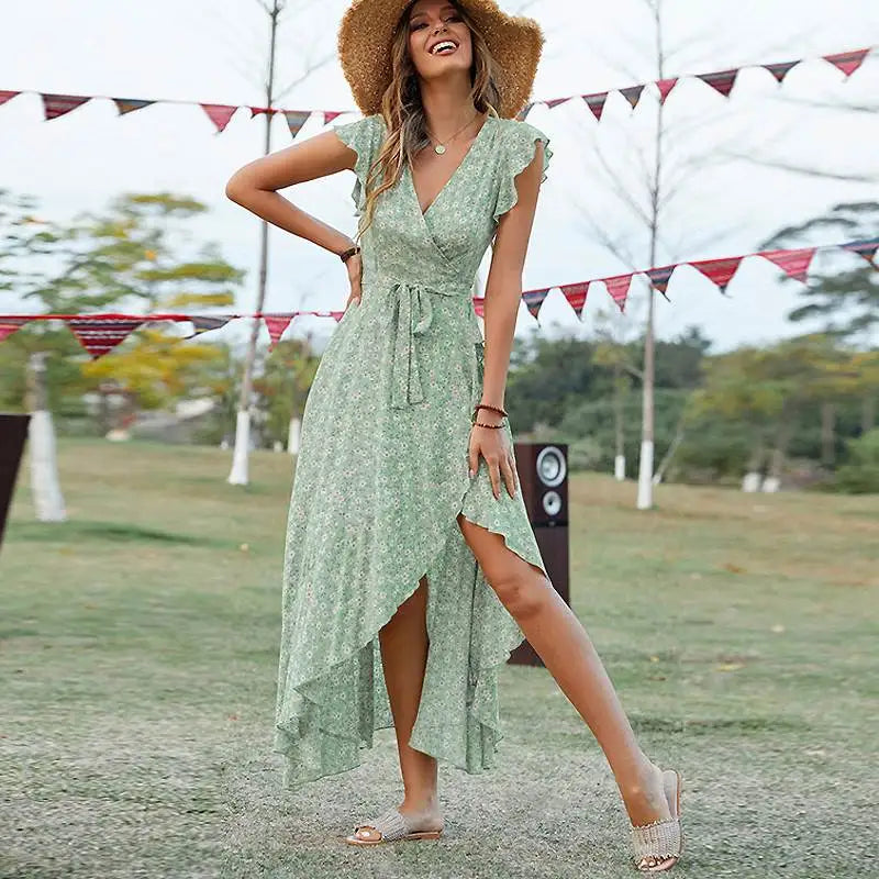 Bohemian Vacation Style Floral Print Wrap Dress with Belt High Waist Short Sleeve Long Skirt for Women in Their Late Twenties