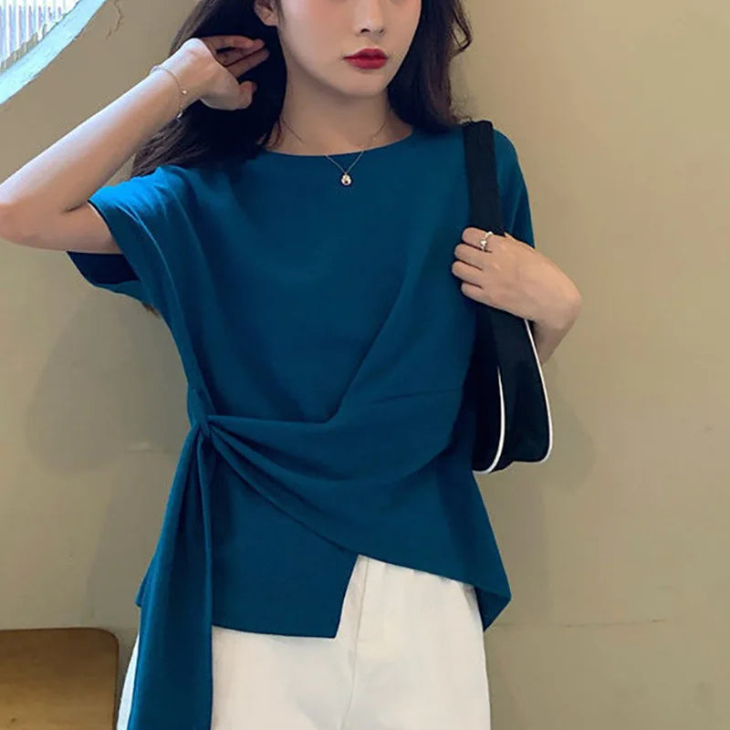 Summer New Women's round Neck Short Sleeve T-shirt Loose Irregular Pure Color Casual Style Fashionable Top Trendy Ins
