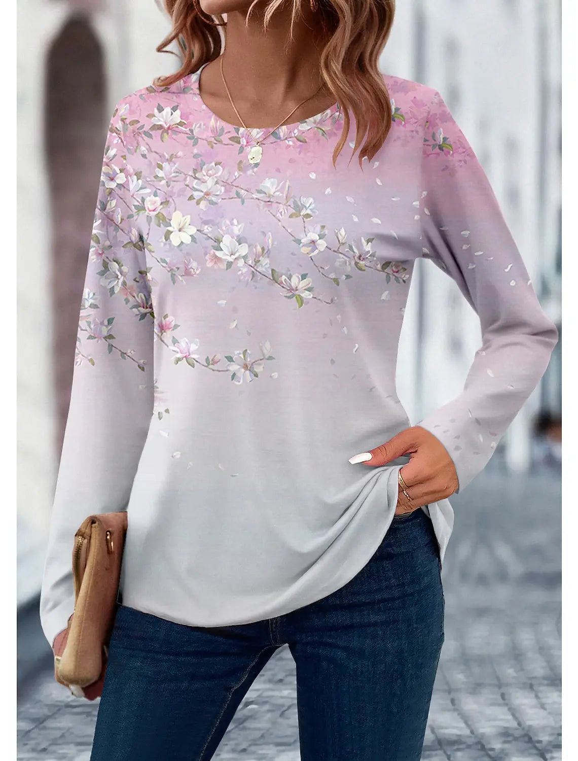2024 Women's T shirt 3D Print Floral Leaf Design Long Sleeve Daily Weekend Fashion Round Neck Regular Fit Spring & Summer