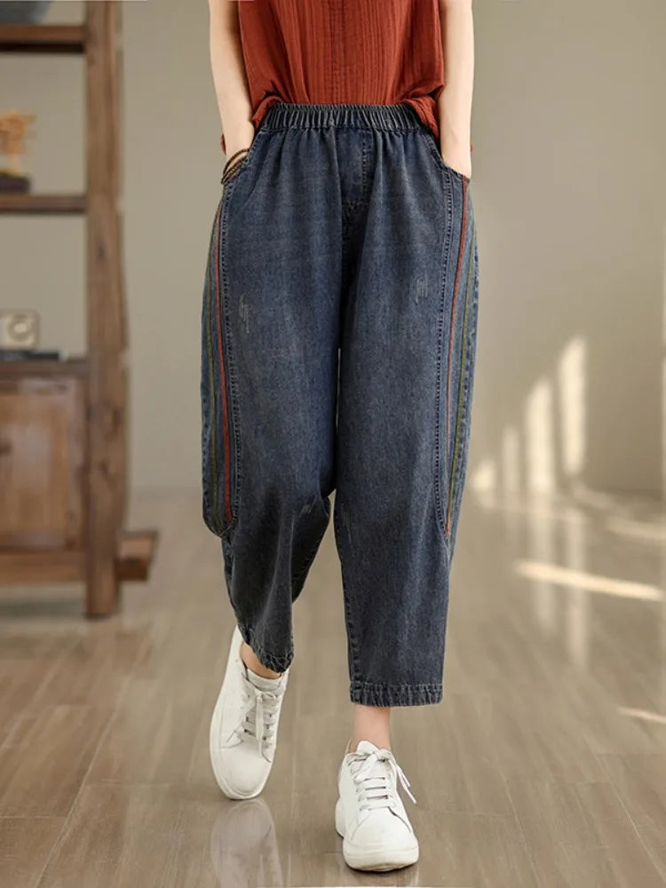 Retro Full Cotton Washed Denim Pants Women's Spring Summer Elastic Waist Patchwork Dad Harlan Blue Straight Leg Trousers