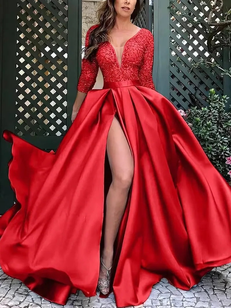Women's Dress Summer New Women's Lace Sequin Grand Display Sexy Long Skirt Tail Banquet Evening Dress Party Dress