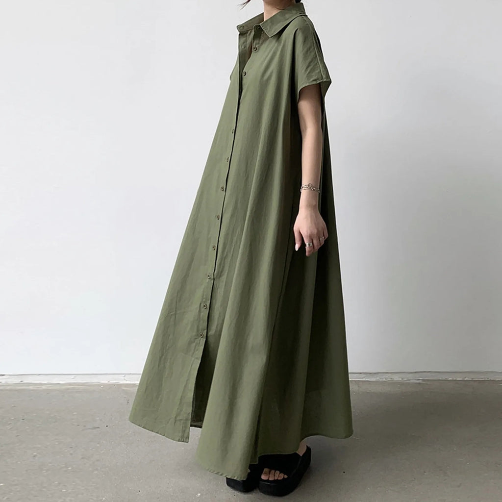 Women's shirt dress loose casual solid color lapel single-breasted short-sleeved dress summer long dresses vestidos femenino