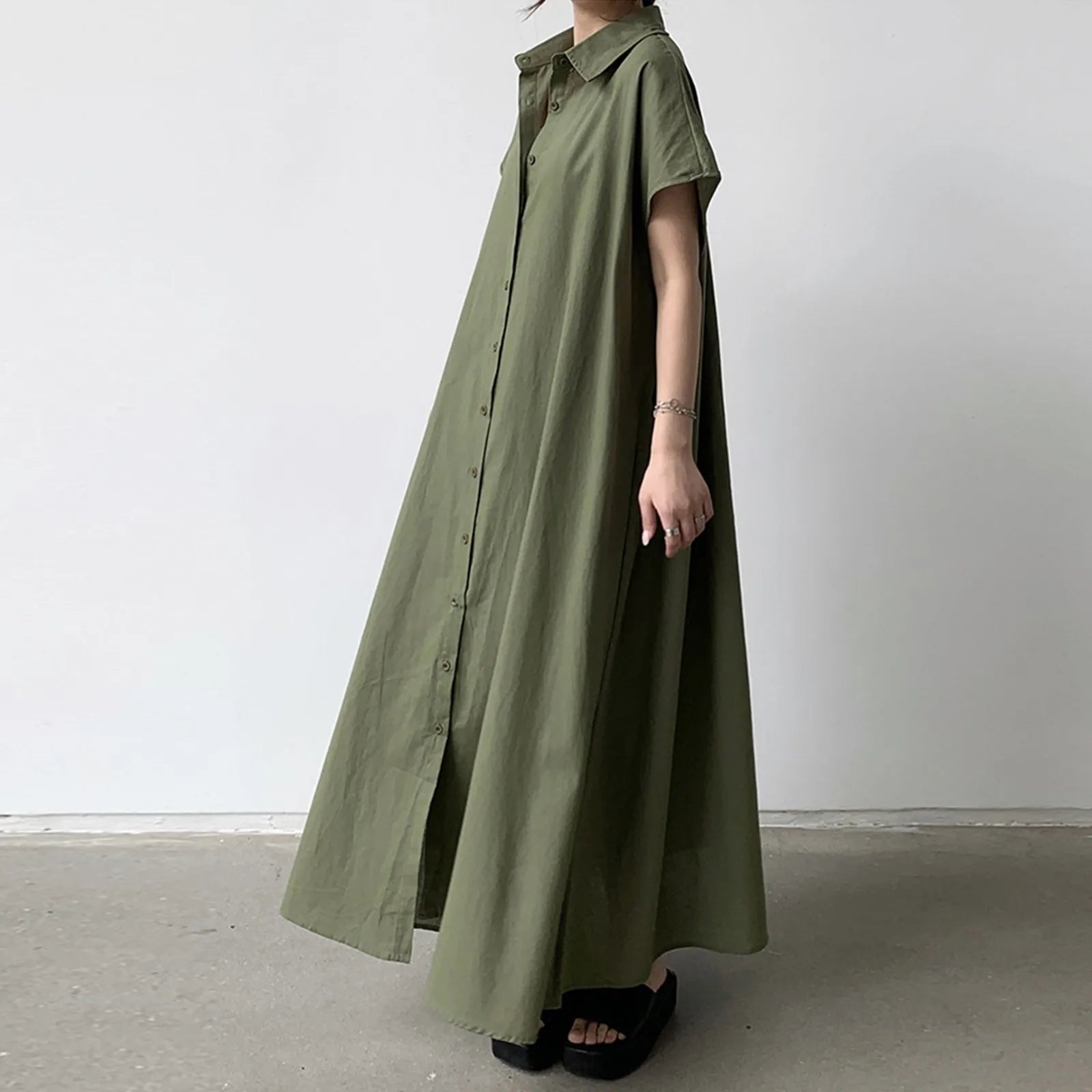 Women's shirt dress loose casual solid color lapel single-breasted short-sleeved dress summer long dresses vestidos femenino