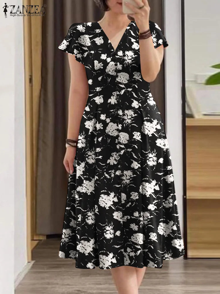 Bohemain Floral Dress ZANZEA Summer Holiday Vestidos Women Elegant V Neck Short Sleeve Sundress Fashion Casual Buttons Midi Robe