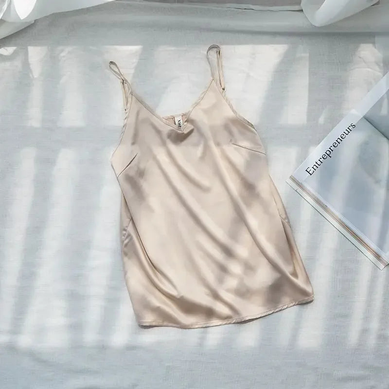 2026 Summer Women Satin Tank Tops Sexy Spaghetti Strap V-Neck Sleeveless Vintage Harajuku Streetwear Tops For Girls