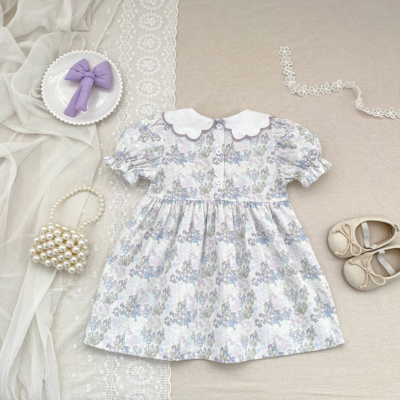 2026 New Summer Baby Girl Short Sleeve Dress Sweet Floral Puff Sleeve Dress 2-6Yrs Embroidered Collar Girl Children Dress
